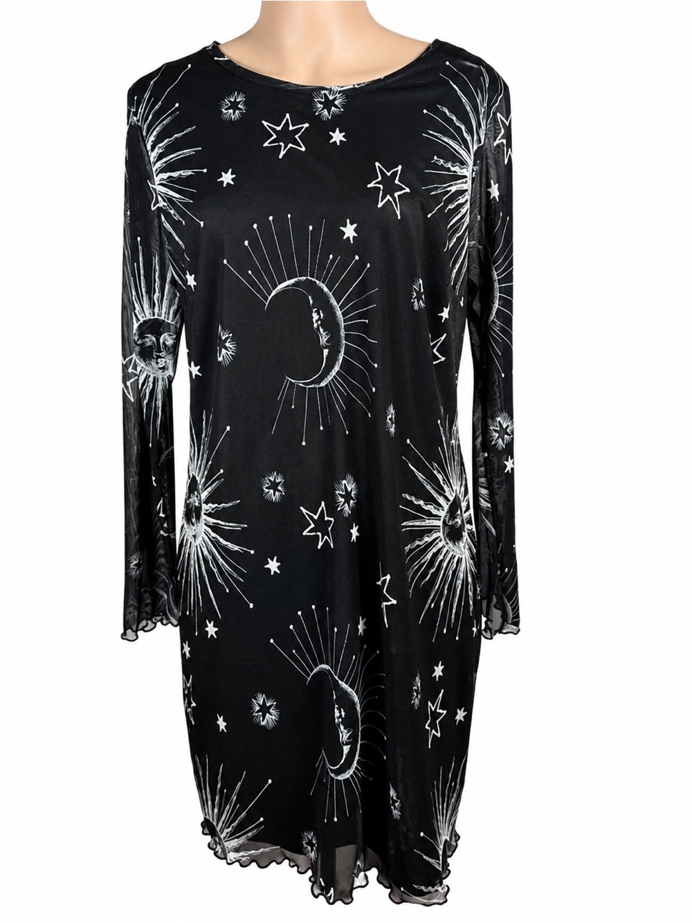 Haute Fox Black Celestial Print Dress size 1X sheer mesh / lined. So fun!